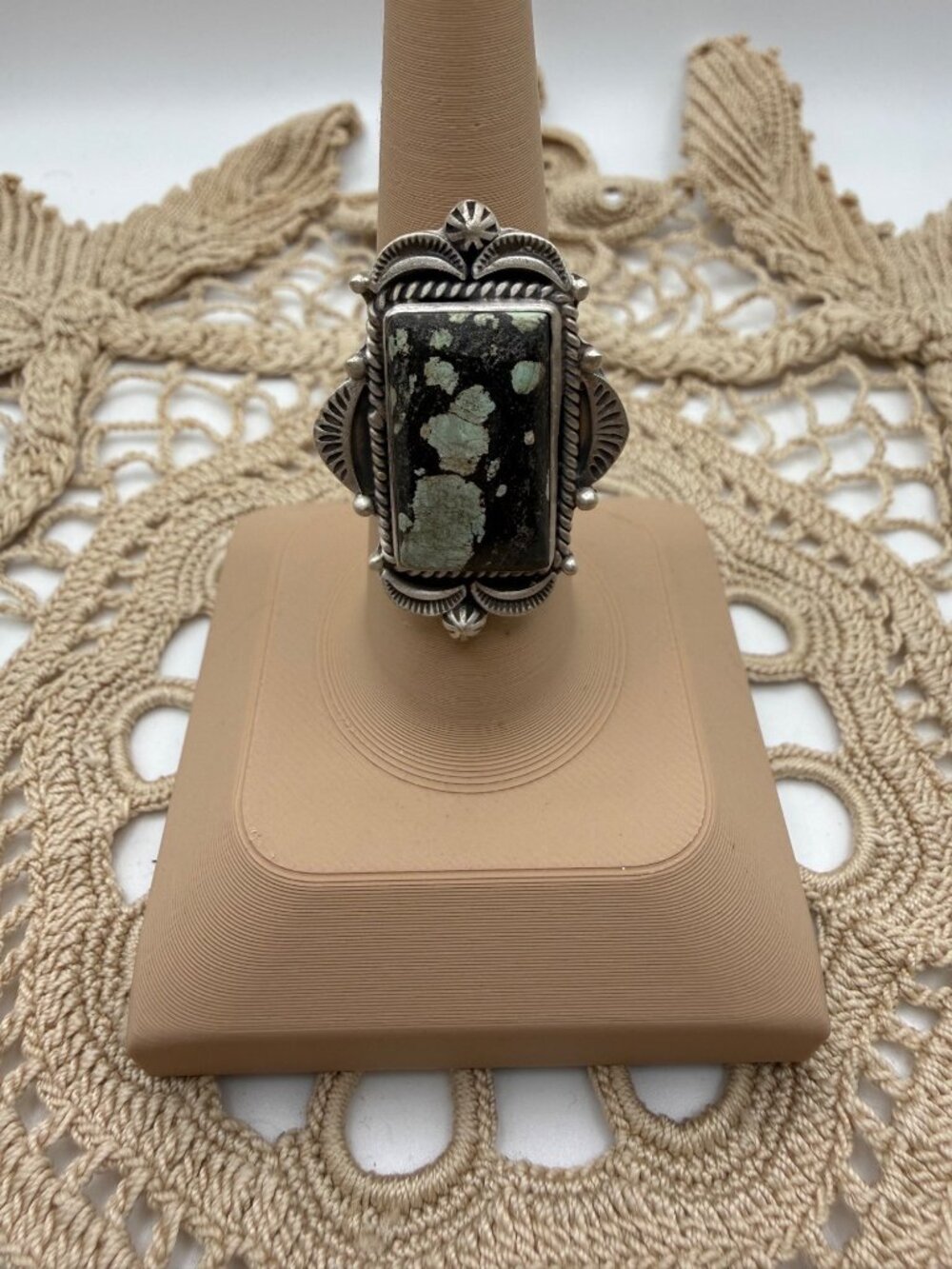 Rectangular Artisan Sterling Silver Hubei Turquoise Statement Ring Adj boho 9g